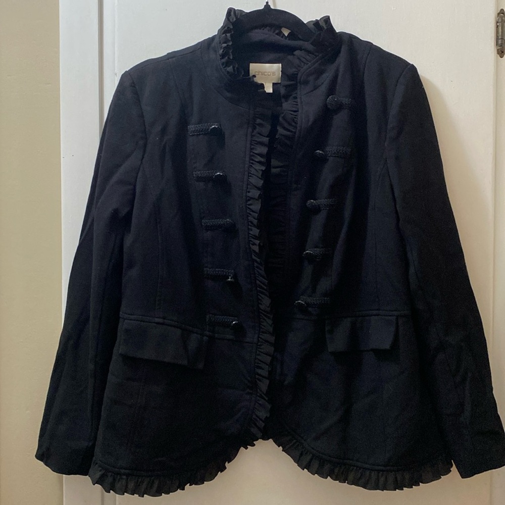CHICO’S Steampunk Military Style Ruffle Detail Black Jacket EMO Goth Punk EUC